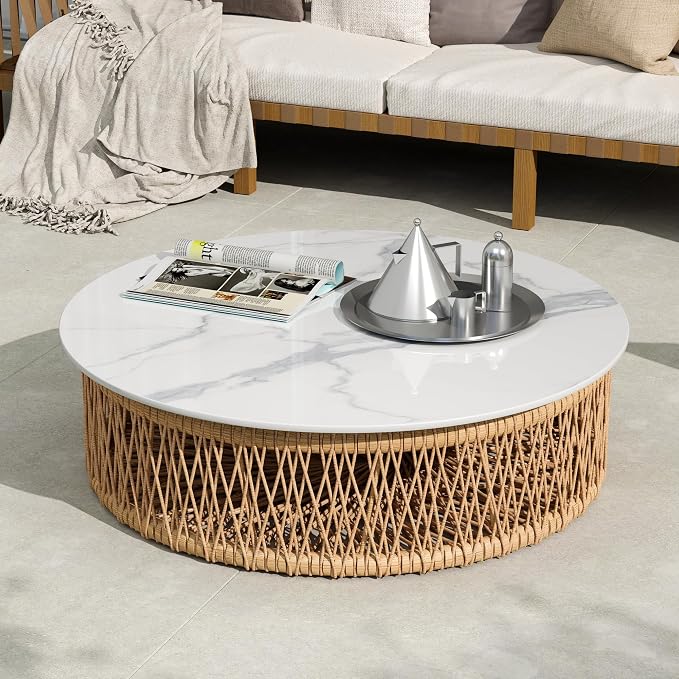 Round Table Top, 35.4” White Sintered Stone Tabletop, DIY Replacement & Cover Marble Desktop, Scratch & Wear Resistant, Easy to Clean, Suitable for Indoor & Outdoor