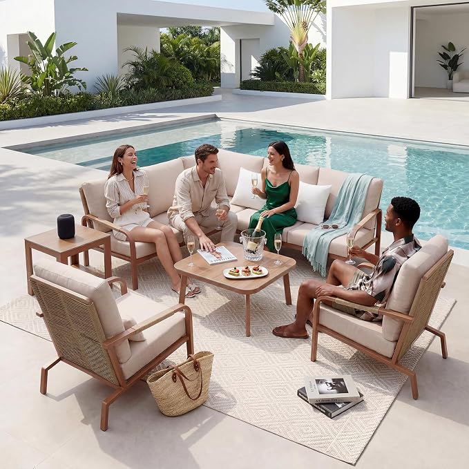 5-Piece Aluminum Patio Furniture Set, Outdoor L-Shaped Sectional Sofa with Coffee Table & Side Table, Patio 3-Piece Sofa Set, Thick Waterproof Cushions, Modern Outdoor Conversation Set, Gray