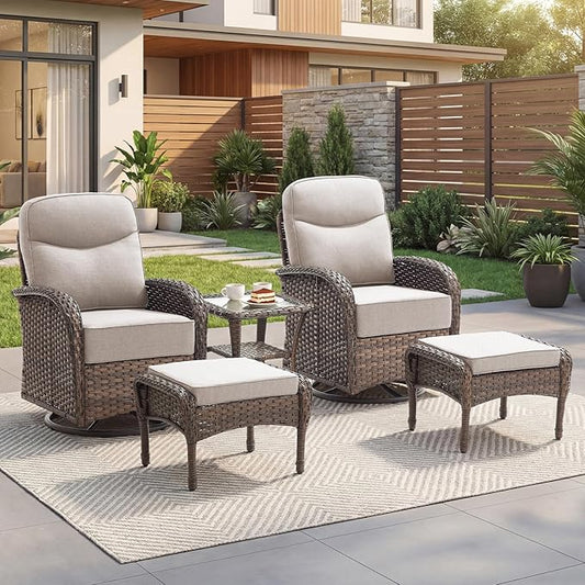 Outdoor Swivel Rocking Chair Patio Set (5-Piece), High-Back - Thick Cushion Swivel Rocking Chair Patio Set, All-Weather Wicker Patio Furniture Set, Suitable for Balcony Patios, Brown/Beige