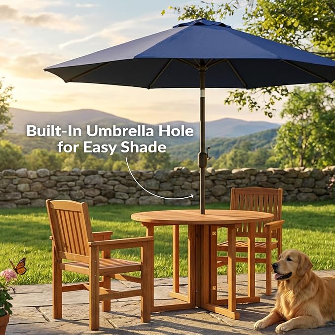 Sunnydaze Malaysian Wood Folding Patio Table - Space-Saving Gateleg Table with Umbrella Hole for Outdoor Dining & Gatherings - Teak Oil Finish