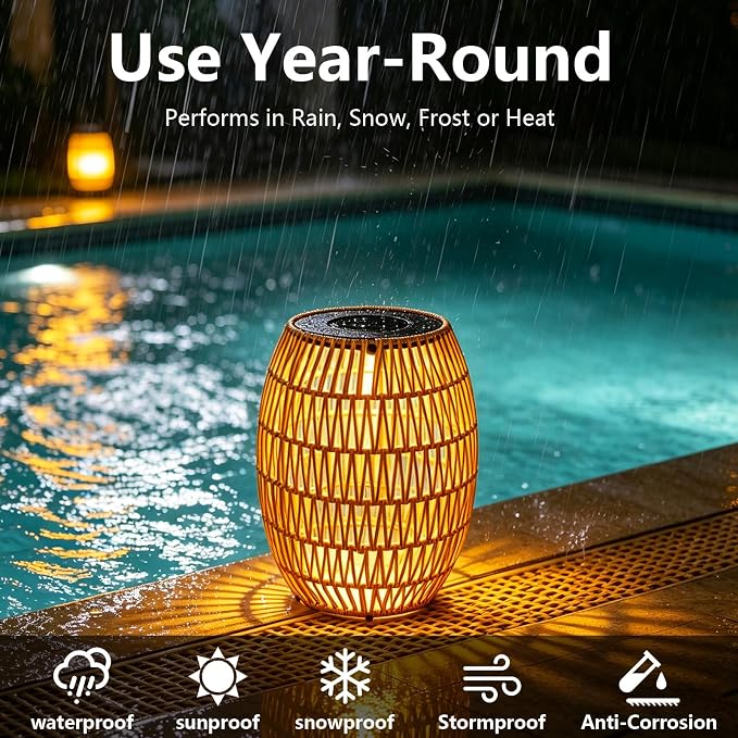 Solar Outdoor Side Table, Boho Handwoven Drum Rattan, 12.8" D x 16.9" H | 3-Color Temperature Light, Patio End Table, Dusk to Dawn Auto Sensor, IP65 Waterproof, For Porch Balcony Garden