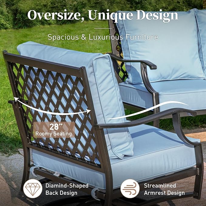 SUNSHINE VALLEY 4 Piece Metal Outdoor Patio Furniture Sets with 5000 BTU Firepit Table, Patio Conversation Sets 1 3-seater Sofa, 2 Swivel Chair with 5.75" Thick Cushion, Black Backyard Furniture, Blue