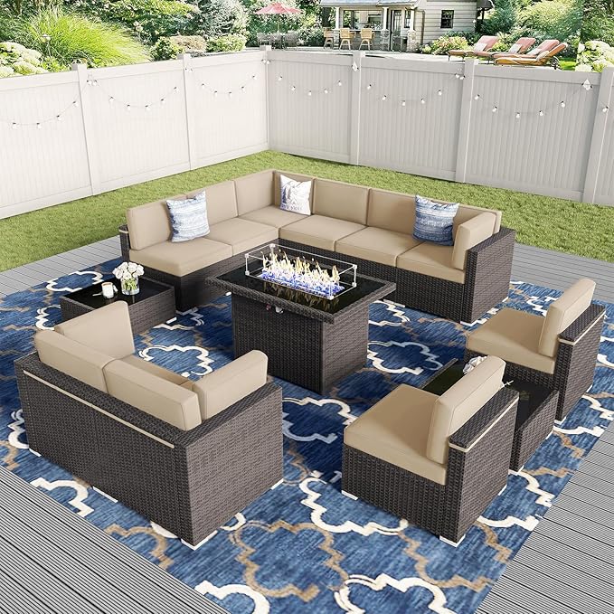 13 Pieces Patio Furniture Set with 44" Propane Gas Fire Pit Table, Outdoor Sectional Wicker Conversation Sofa Sets with Coffee Table