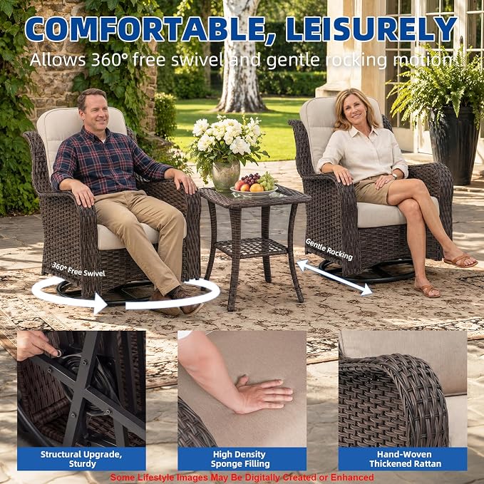 3-Piece Outdoor Swivel Chairs with Side Table, Glider Rocking Chair with 6" Thick Cushions, Weather-Resistant Wicker Patio Furniture Set, for Yard, Poolside, Patio, Porch, Deck