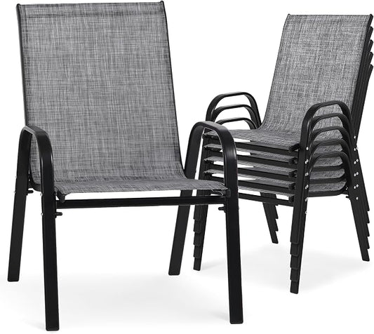 24.4" Wide Outdoor Stackable Chairs Set of 6, Stacking Patio Chairs with Textilene Fabric, Outside Furniture for Garden Backyard Balconie Poolside Deck, Grey
