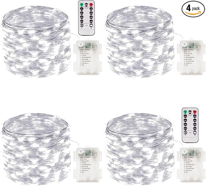 4 Pack Fairy Lights Battery Operated with Remote 33 FT 100 LED Cool White | Remote Control, 8 Modes, Timer, Adjustable brightness, Waterproof Lights for Indoor Outdoor Classroom Christmas Decor