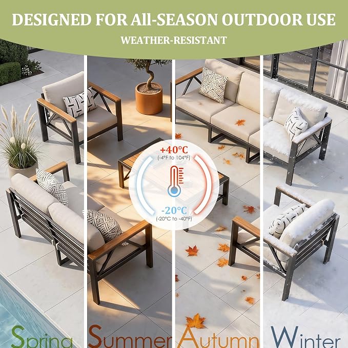 INGEROOM 4 Piece Aluminum Outdoor Patio Furniture Set with Waterproof Cover, 4-Seat Patio Conversation Sets with Coffee Table, Outdoor Sectional Furniture Set for Porch, Balcony, Deck, Oatmeal