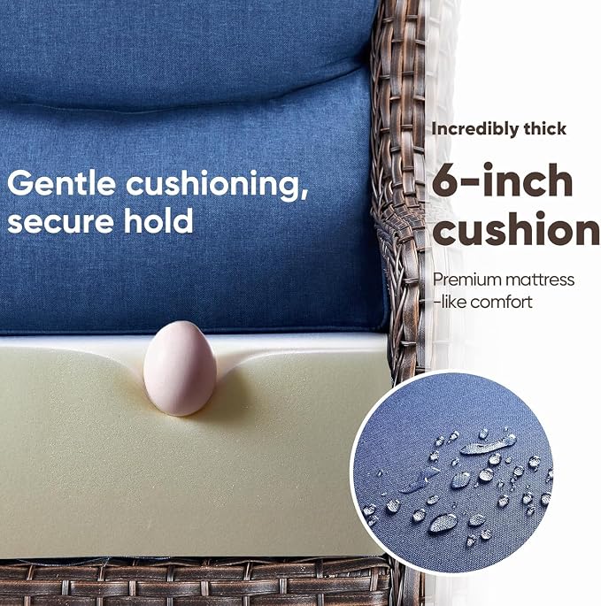 Luxury Patio Furniture Set 7pcs with 6-inch Cushion, Outdoor Furniture with Coffee Table, Swivel Chairs, Sofa, Side Table, Ottomans, Patio Set for Deck Yard and Poolside Brown Wicker | Blue Cushions