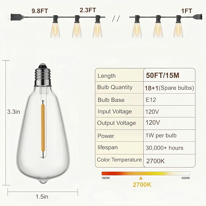 Outdoor String Lights, Waterproof Shatterproof ST38 Vintage Bulbs | 50FT Length, Dimmable & Connectable, 2700K Warm White, ideal for Balcony, Porch, Party, Patio & Indoor Decoration