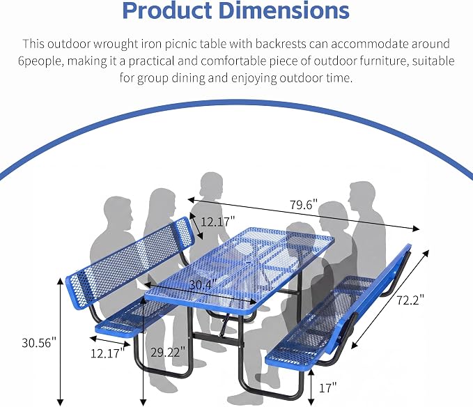 72" Rectangular Metal Picnic Table with Backrest, Commercial Steel Picnic Tables with 1.73" Umbrella Hole, Heavy Duty Picnic Tables for Outdoor Garden Courtyard BBQ, Blue