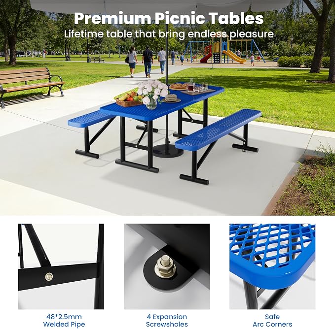 6FT Outdoor Metal Picnic Table with 2 Benches,Heavy Duty Rectangular Picnic Table Set for Outside, Waterproof Commercial Restaurant Table Furniture for Park, Campfield, Patio, Garden, Yard
