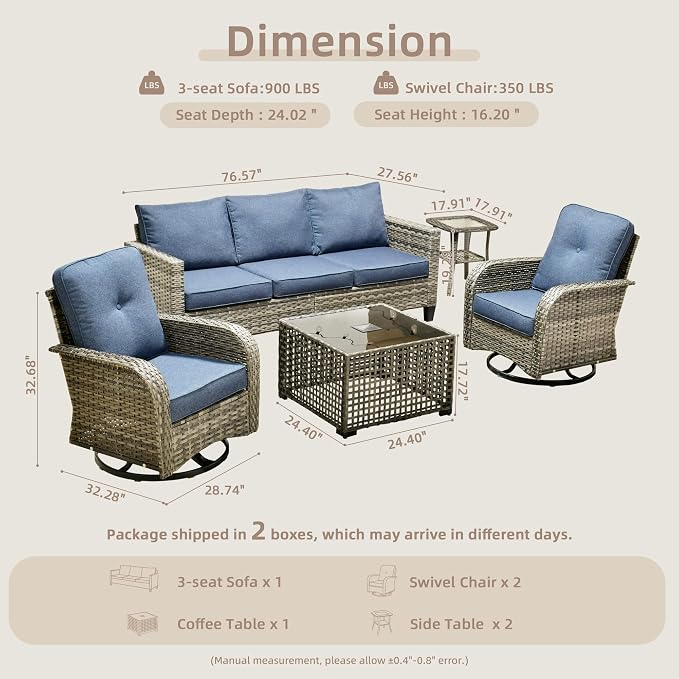CAODOC Patio Furniture, All Weather Wicker 6 PCS Outdoor Sofa with High Back Swivel Rocker Chairs, Conversation Set with Solar Light Coffee Table,Light Rattan Blue Cushion