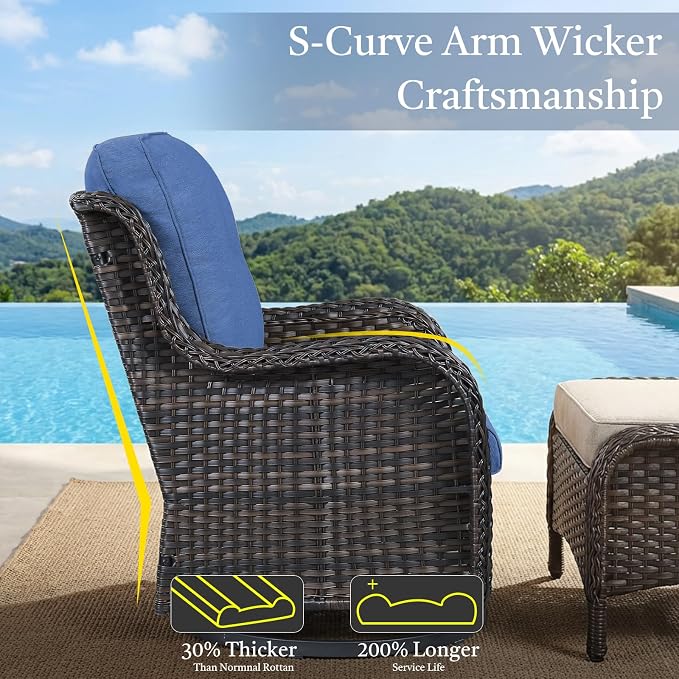 Outdoor Patio Furniture Set-5 Piece Outdoor Swivel Rocker Chairs with Ottomans Patio Furniture Set for Deck Balcony Poolside Backyard-Brown/Blue