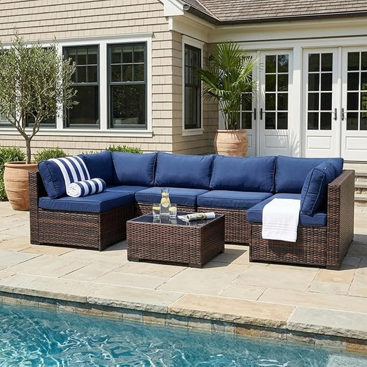 LAUSAINT HOME 7 Pieces Outdoor Patio Furniture, Outdoor Sectional Sofa Patio Furniture Sets Wicker Rattan Patio Conversation Sets with Cushion and Glass Table (Dark Blue)
