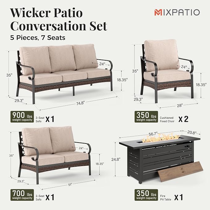 MIXPATIO Patio Furniture Set with Fire Pit Table, Metal Outdoor Conversation Set with 5.75'' Extra Thick Cushion, 2 Leg Chairs, Loveseat Sofa, 3-Seat Sofa and Gas Fire Pit Table, Beige