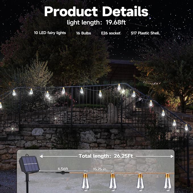 Solar Outdoor String Lights, 2 Pack 20Ft Vintage Rope Hemp Solar Patio Lights, Waterproof White Solar Powered String Lights With 8 Modes 16 Shatterproof Bulbs for Garden Stairs Balcony Café Bistro