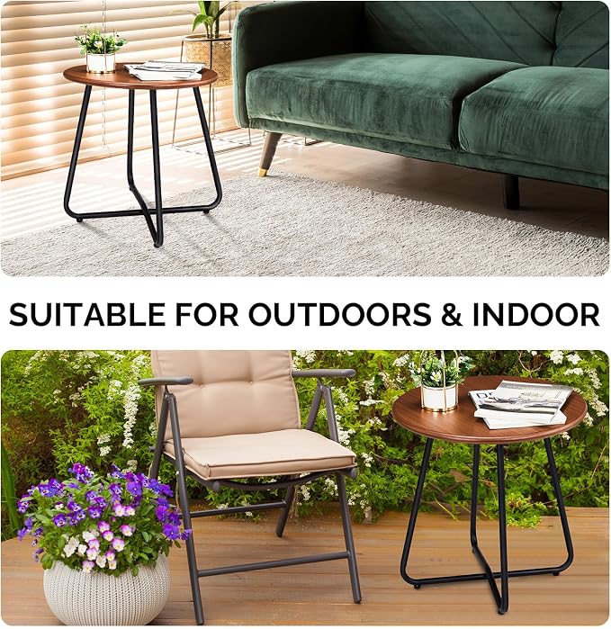 Outvita Indoor and Outdoor Side Table, Small Patio Side Table, Metal Round Portable Waterproof Weather Resistant End Table for Patio, Garden, Balcony, Yard, Wood Grain Color, Set of 2