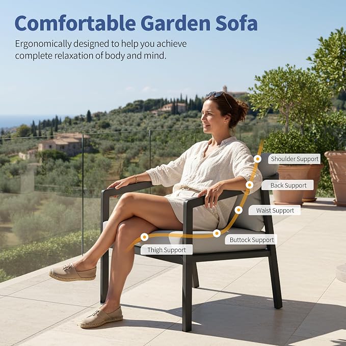 Patio Sofa Chairs Set of 2, Never-Rust Aluminum Outdoor Club Chairs with Washable Thick Cushions, All-Weather Modern Armchair Set for Porch, Deck, Garden, Backyard (Black+Grey)