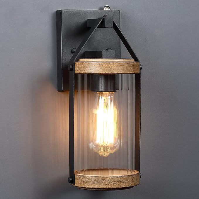 2 Pack Dusk to Dawn Sensor Outdoor Wall Lights with Wood Grain | Exterior Lantern Sconce Lighting Fixtures Waterproof Outside Wall Mount Lamp for House Patio Garage Entryway Doorway