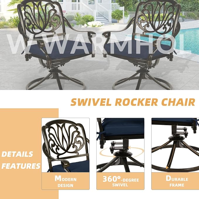 9-Piece Patio Dining Set, Outdoor Patio Table and Chair Set of 84” Oval Cast Aluminum Dining Table with Umbrella Hole, 8 Patio Dining Swivel Chairs Padded, Patio Funiture Set, Navy