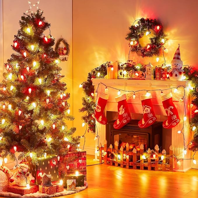 Brightown C9 Christmas String Lights Outdoor Led Fairy Lights Faceted Strawberry Lights Extendable UL Certified for Party Holiday Wedding Christmas Indoor Outdoor Decor