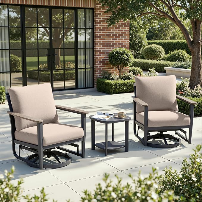 3-Piece Patio Rocking Swivel Chair Outdoor Aluminum Bistro Set with Coffee Table, Outdoor Patio Furniture Set with High Backrest & Thickened Cushions for Garden, Deck and Balcony, Sand