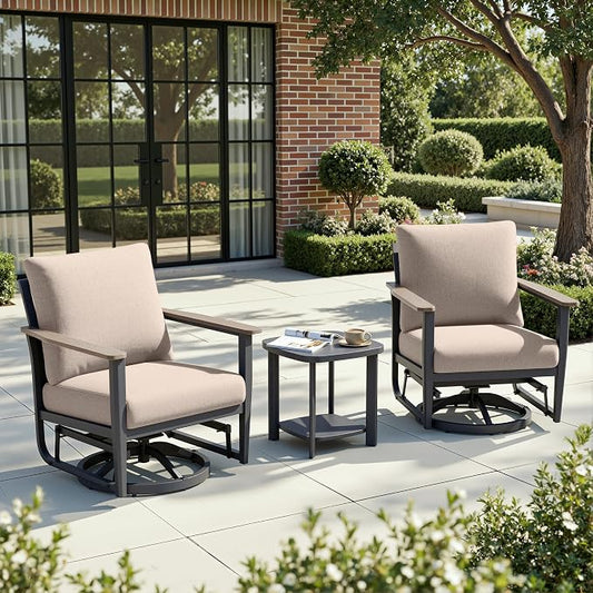 3-Piece Patio Rocking Swivel Chair Outdoor Aluminum Bistro Set with Coffee Table, Outdoor Patio Furniture Set with High Backrest & Thickened Cushions for Garden, Deck and Balcony, Sand