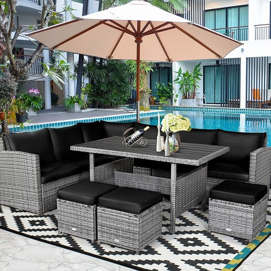 Tangkula Patio Furniture Set for 6, 7 Piece All Weather Heavy Duty PE Wicker Sectional Sofa with Dining Table and Ottomans, Rattan Conversation Set for Backyard, Deck, Poolside