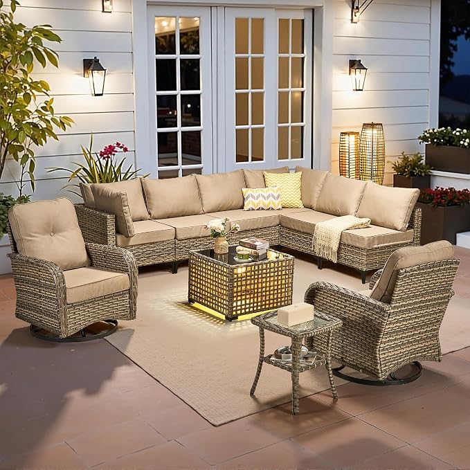 CAODOC Outdoor Sectional Patio Furniture Set,10 Pieces Wicker Conversation Sets L Shaped Couch,Out Door Sofa Outside Furniture with Swivel Chairs,Beige