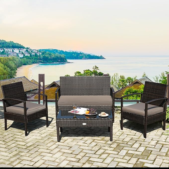 Outdoor Conversation Set 4 Pieces Patio Furniture, Wicker Patio Chair Sofa Set with Water-Resistant Dark-Brown Cushion & Tempered Glass Table for Backyard, Balcony, Porch(Brown)