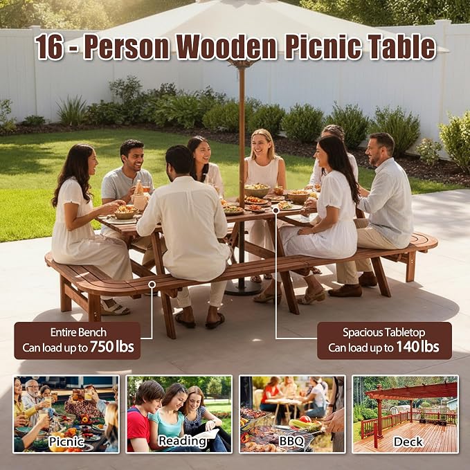 Hohuqeri Wood Picnic Table, 94.5" Tabletop with Umbrella Hole, 16 Person Outdoor Wooden Picnic Table Bench Set for Patio, BBQ, Dining, Brown