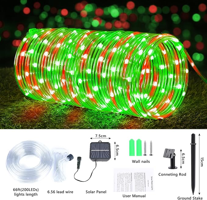 Solar Rope Lights, 2 Packs Total 132ft 400LED Solar String Lights, 8 Modes Waterproof Solar Outdoor Light, Flexible Clear Trampoline Light for Garden Backyard Patio Deck Pool Tree Decor - Red & Green
