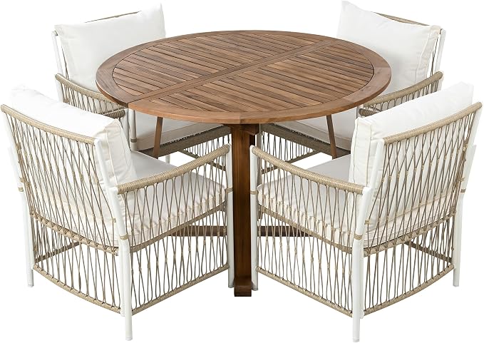 VilroCaz 5-Piece Outdoor Patio Dining Set, All-Weather Acacia Wood Extendable Round Dining Table with 12inch Butterfly Leaf and 4 Rattan Arm Chairs for Backyard, Balcony, Garden, Poolside