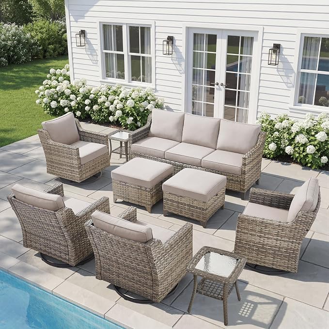 Belord Patio Wicker Swivel Rocker Patio Chairs with 3-Seater Sofa, Outdoor Rattan Chairs for Deck Porch Poolside, 9 Piece Patio Conversation Furniture Set,Beige