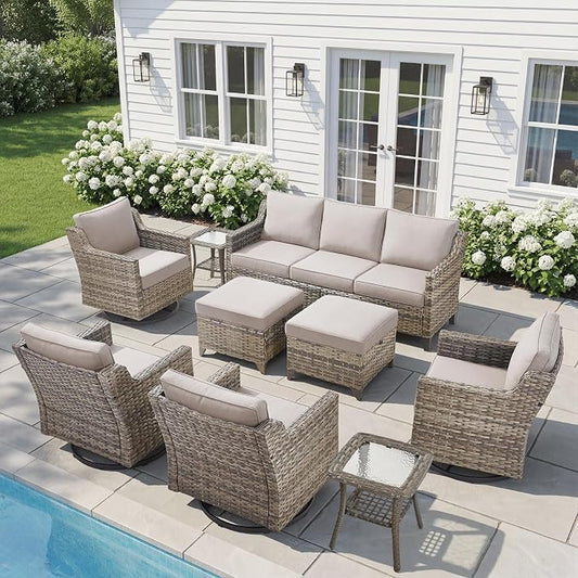 Belord Patio Wicker Swivel Rocker Patio Chairs with 3-Seater Sofa, Outdoor Rattan Chairs for Deck Porch Poolside, 9 Piece Patio Conversation Furniture Set,Beige