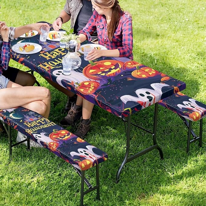 Happy Halloween Picnic Table Cover with Bench Covers Lightweight Camping Essentials, Oil-Proof Waterproof 3PCS Tablecloth with Elastic, Fitted for Backyard Parties & Trick-or-Treat