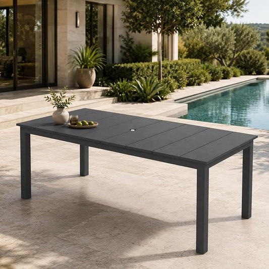 75.2" Outdoor Dining Table for 4-6 People, Patio Dining Outdoor Table with Umbrella Hole, All Weather Patio Table for Backyard, Deck and Garden, Gray