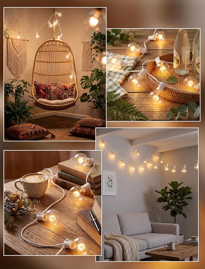 25FT Outdoor White String Lights with 27 Clear Bulbs, G40 Globe Patio String Lights for Indoor/Outdoor, Connectable Hanging Lights for Backyard Porch Balcony Party Decor - White Wire