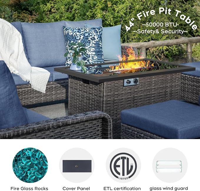 Brafab 9 Seats Outdoor Patio Furniture Set with Fire Pit Table, High Back Swivel Chairs Conversation Sets with Ergonomic Backrest, Wicker Sectional Sofa with Gilder Chair for Yard Garden Porch, Blue