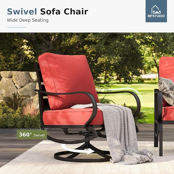 MFSTUDIO 6 Pieces Metal Patio Furniture Sets, 2 Swivel Chairs, 3-Seat Loveseat Sofa, 2 Patio Chairs & 1 Marbling Coffee Table, All Weather 7 Seats Outdoor Conversation Set for Garden, Burgundy Red