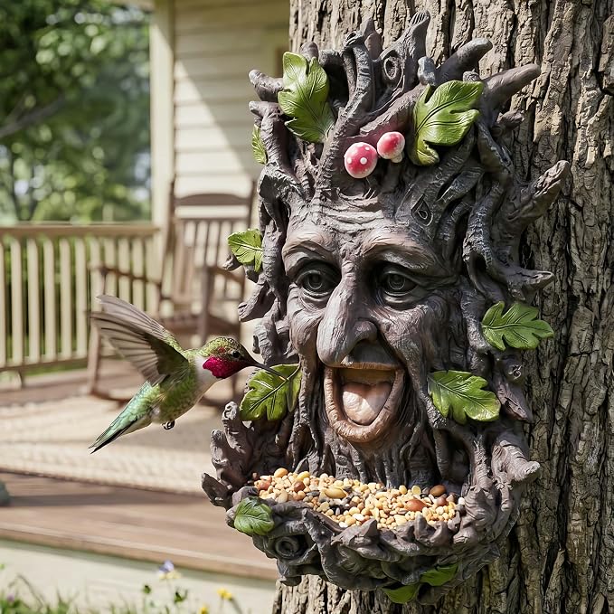 12" Real Tree Face Hugger Statue, Outdoor Garden Resin Bird Feeder Sculpture with Foliage Features, Fairy Elve Accent Yard Art, Halloween Trees Decorations Outdoor Wall Mounted Statue