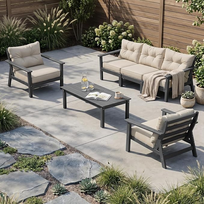 HDPE Patio Conversation Set 5 Seats, Outdoor Furniture Set, Patio Sofa Set | Water-Resistant Thick Cushion, HDPE All Weather, Wood-Grain, No Rot or Rust or Crack, UV Fade Shield, Easy-Clean for Outside