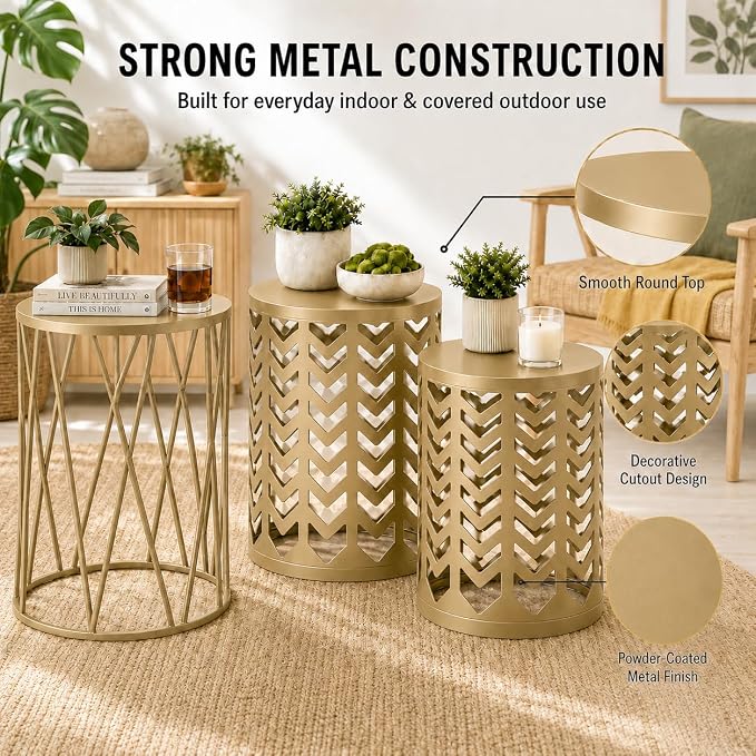 Y&M Set of 3 Gold End Tables, Nesting Metal Round Coffee Table, Heavy Duty Metal Plant Stand Garden Stool, Outdoor Multifunctional Use