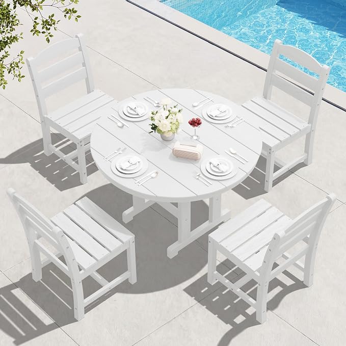 SERWALL 5-Piece Patio Dining Sets, HDPE Outdoor Table and Chairs Furniture Set, 45" Round Dining Table and 4 Armless Dining Chairs, White