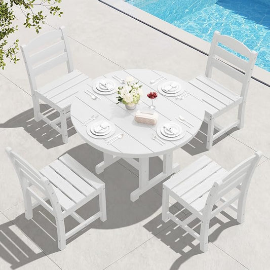 SERWALL 5-Piece Patio Dining Sets, HDPE Outdoor Table and Chairs Furniture Set, 45" Round Dining Table and 4 Armless Dining Chairs, White
