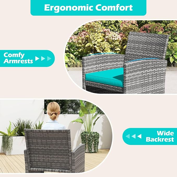 RELAX4LIFE 8-Piece Patio Furniture Set - Wicker Rattan Outdoor Sectional Sofa Set w/Glass Coffee Table, Loveseat, Chairs & Soft Cushions, Bistro Conversation for Garden Porch (2, Grey-Turquoise)
