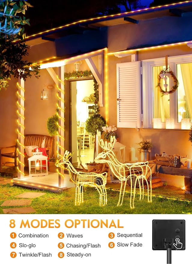 Brightown 2 Pack 72FT 200LED Solar Rope Lights, Warm White(Total 400LED) | IP65 Waterproof Solar Fairy Lights with 8 Lighting Modes, Outdoor String Lights for Party Garden Yard Holiday Tree Decoration