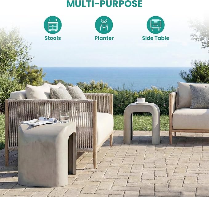 SUNBURY Outdoor Side Table, 18" H Concrete Horseshoe End Table, Rectangular Cement Accent Table for Patio, Round Modern Garden Stool for Patio, Backyard, Grey