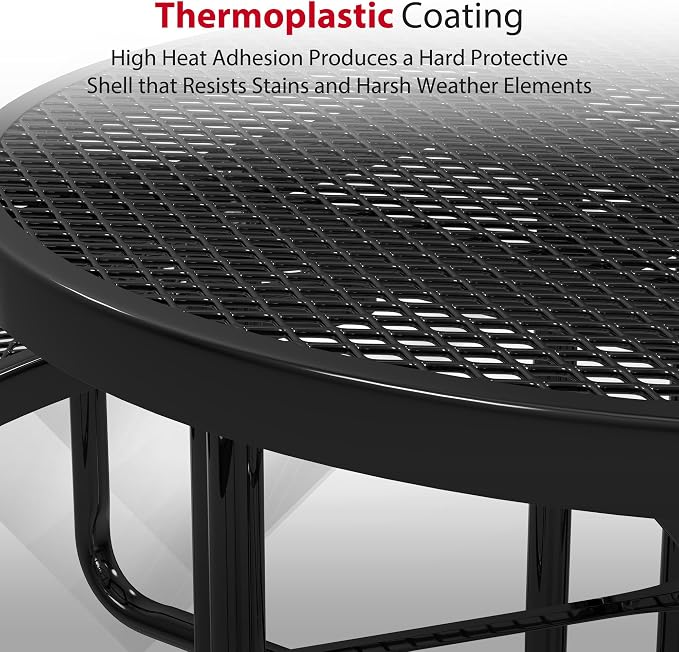 Leisure Craft Metal Picnic Table with Bench - 46" Round Outdoor Dining Table for 8 with Umbrella Hole, Weatherproof Heavy Duty Thermoplastic Coating, Commercial Grade Furniture Made in USA - Black