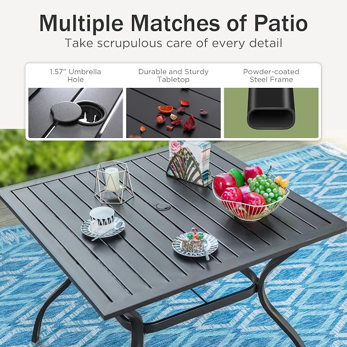 PHI VILLA Outdoor Patio Dining Set with 10ft Umbrella for 4, Outdoor Table Chairs Set with Adjustable Folding Patio Chair for Garden (No Umbrella Base)